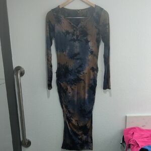 Windsor Blue and Brown Tie-Dye Long Sleeve Dress